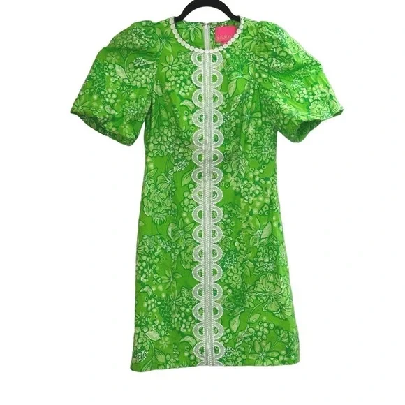 Lilly Pulitzer Alyce Elbow Sleeve Stretch Cotton Shift Dress Green - Sz 0/XS - Picture 2 of 6
